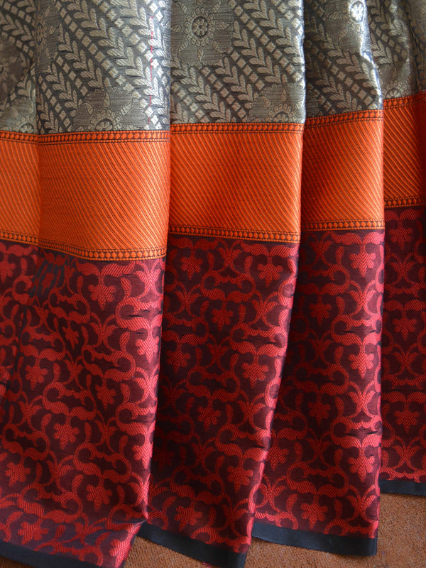 Banarasee Cotton Silk Brown Tanchoi Weave Saree With Contrast Woven Red Border-Black