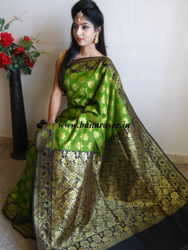 Banarasee Art Silk Sari With Black Floral Border-Green