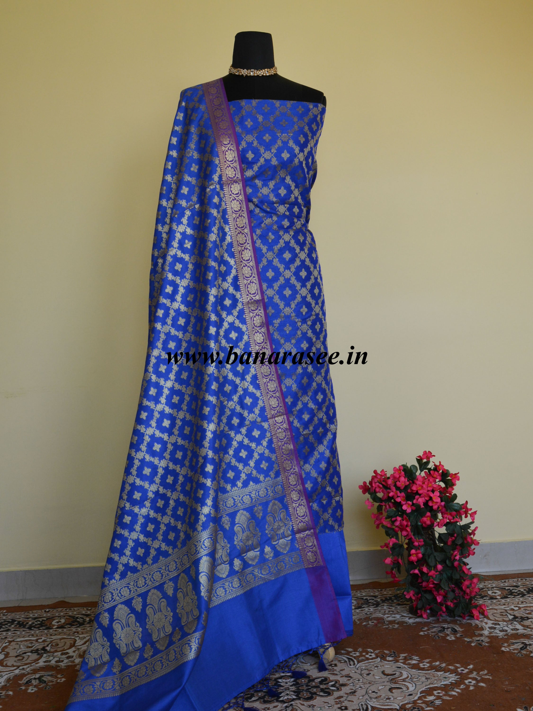 Banarasee Semi Silk Salwar Kameez Fabric With Zari Jaal Dupatta-Royal Blue