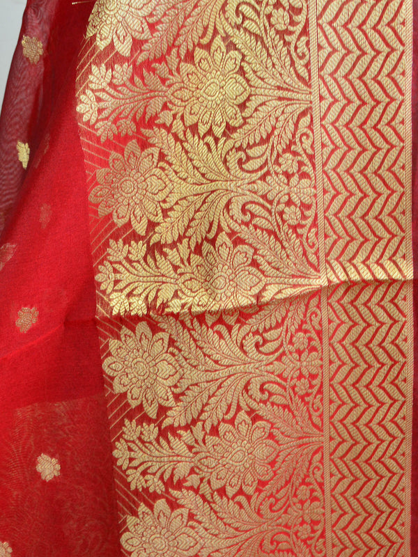 Banarasee Cotton Silk With Resham Woven Broad Border Dupatta-Red