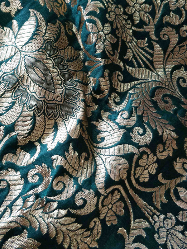 Banarasee Satin Brocade Antique Gold Zari Leaf Buti Design Fabric-Deep Green