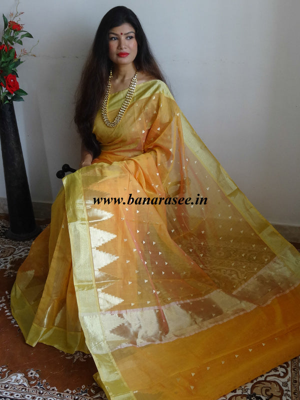 Banarasee Chanderi Cotton Zari Buti & Temple Border-Gold