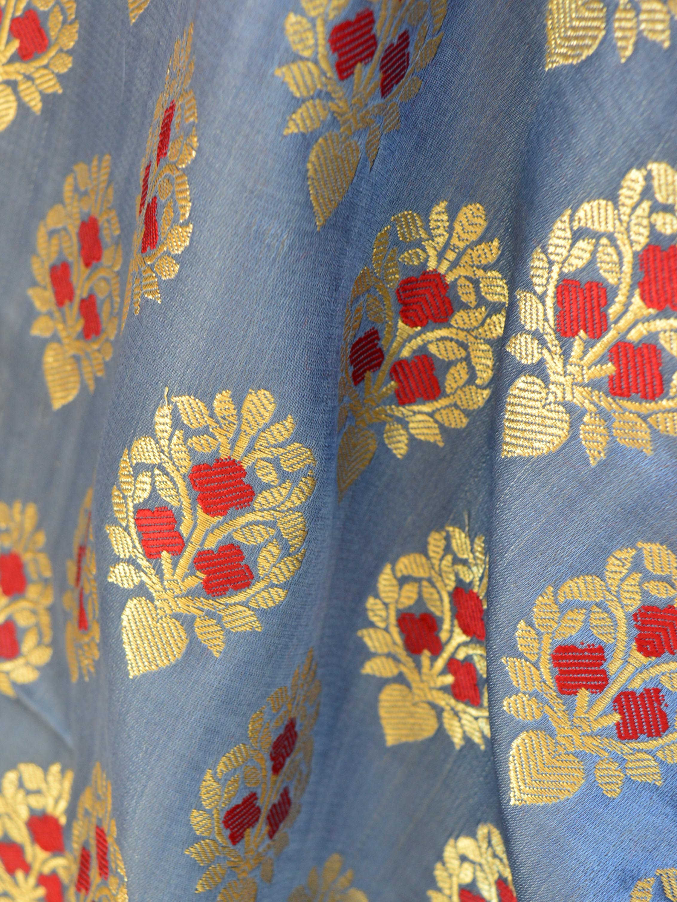 Banarasee Satin Brocade Zari Buta With Meena Design Fabric-Grey