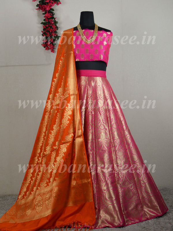 Banarasee Handwoven Art Silk Unstitched Lehenga & Blouse Fabric With Orange Dupatta-Hot Pink