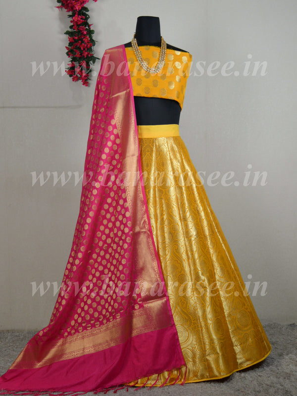 Banarasee Handwoven Art Silk Unstitched Lehenga & Blouse Fabric With Pink Dupatta-Yellow