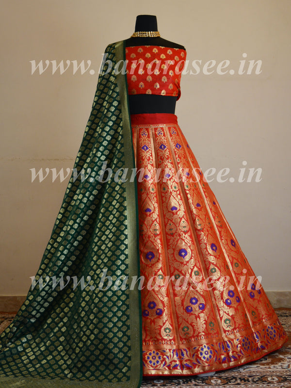 Banarasee Handwoven Art Silk Unstitched Lehenga & Blouse Fabric With Meena Design-Red