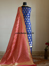 Banarasee Salwar Kameez Semi Katan Silk Zari Buta Work Fabric With Contrast Dupatta-Royal Blue