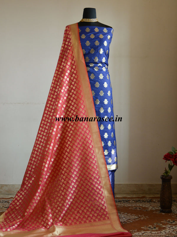 Banarasee Salwar Kameez Semi Katan Silk Zari Buta Work Fabric With Contrast Dupatta-Royal Blue