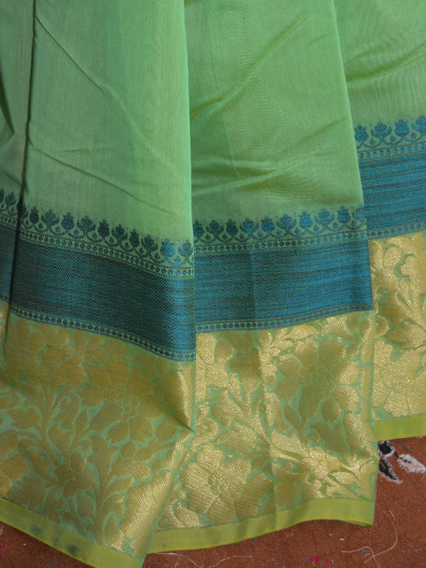 Banarasee Cotton Silk Mix Saree With Floral Resham & Zari Border-Green