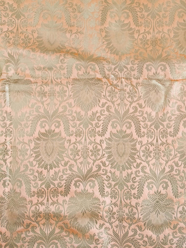 Banarasee Satin Brocade Antique Gold Zari Floral Jaal Fabric-Coral