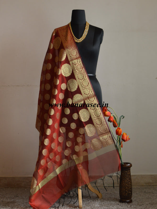 Banarasee Cotton Silk Gold Zari Big Buta Dupatta-Maroon