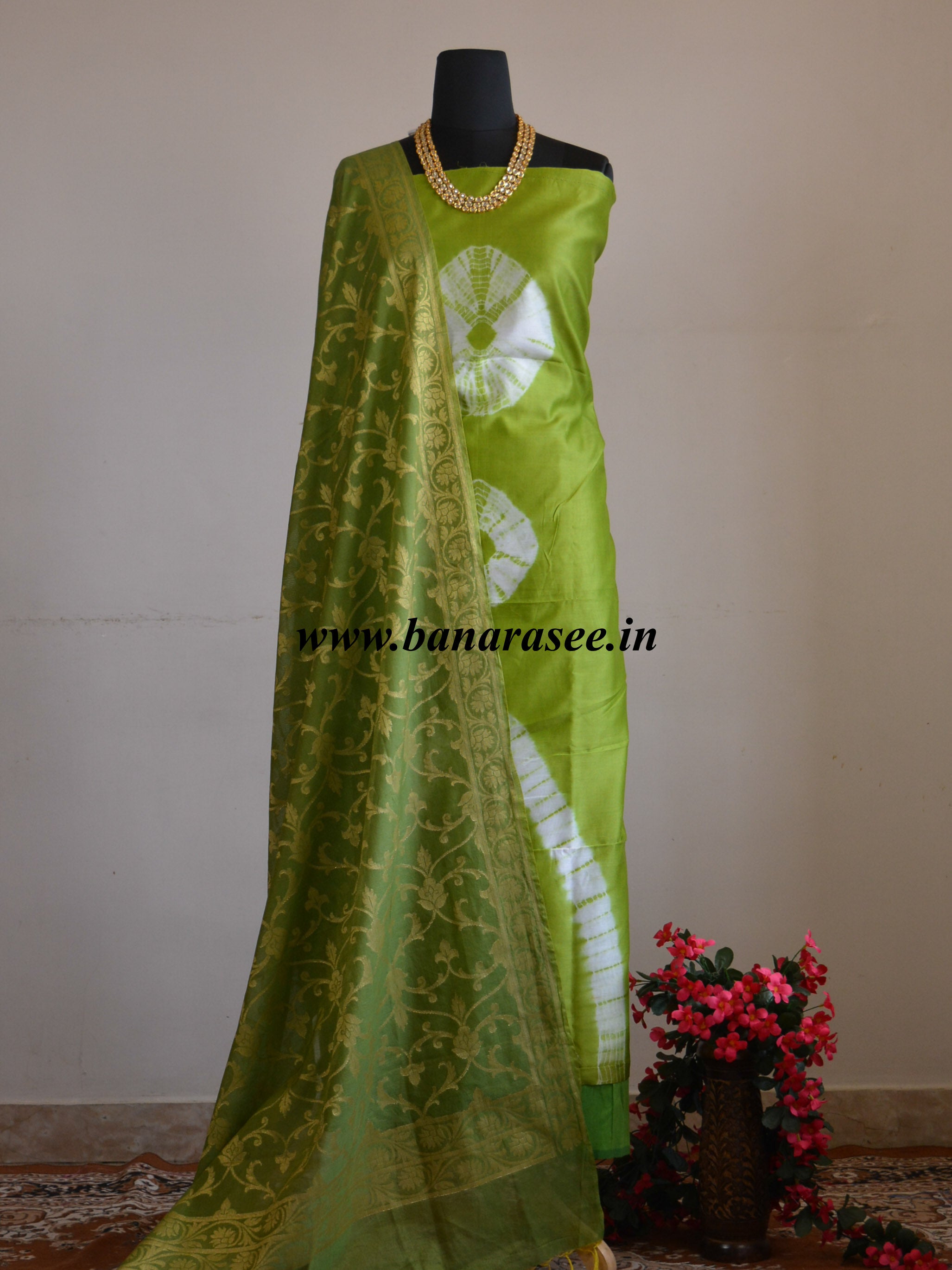 Banarasee Shibori Dyed Chanderi Salwar Kameez Fabric With Cotton Silk  Dupatta-Green