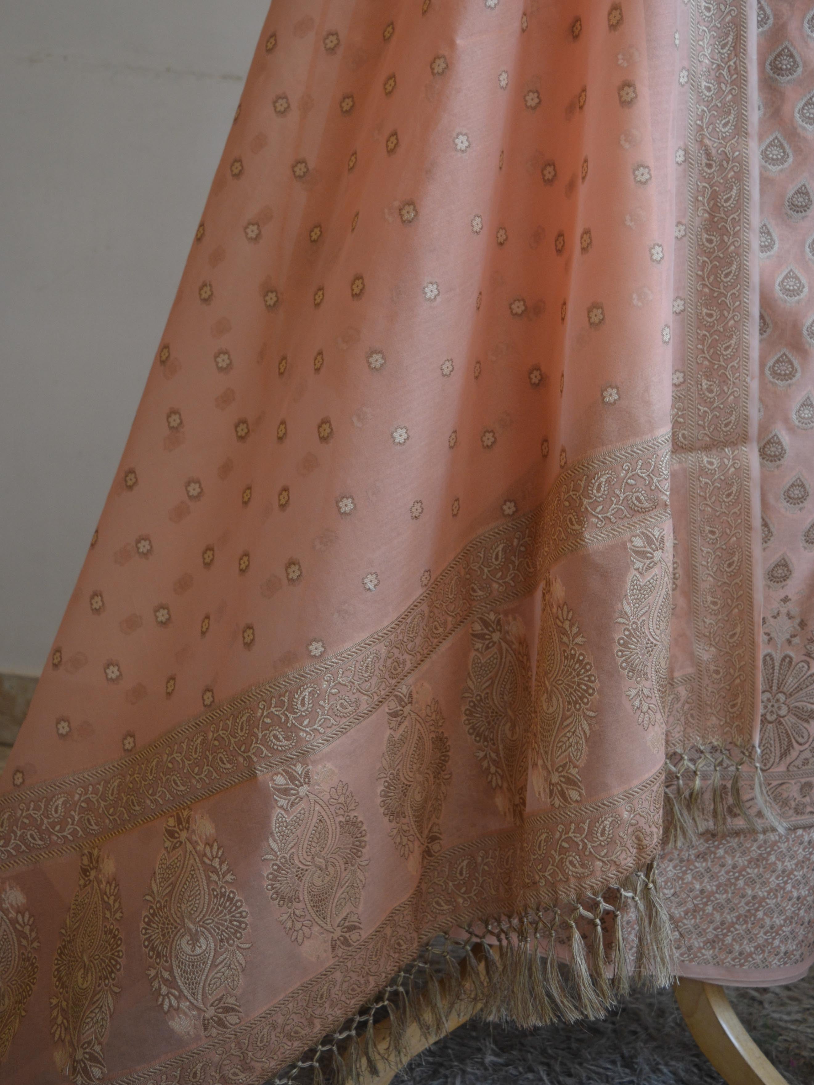 Banarasee Salwar Kameez Cotton Silk Resham Buti Woven Fabric-Coral