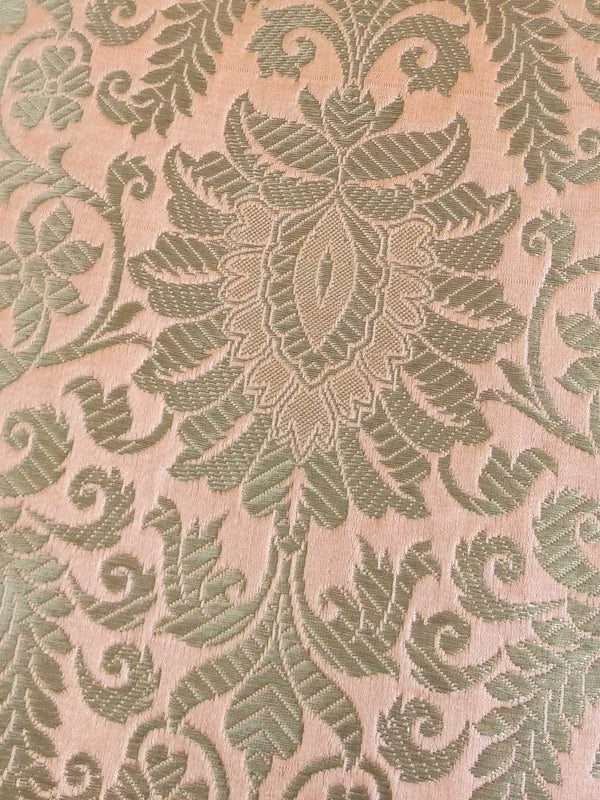 Banarasee Satin Brocade Antique Gold Zari Floral Jaal Fabric-Coral