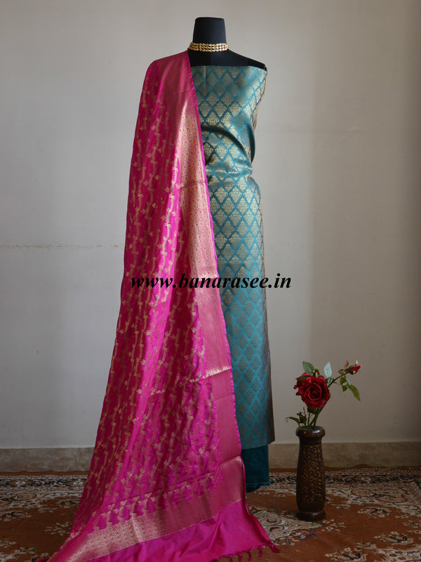 Banarasee Cotton Silk Floral Jaal Salwar Kameez Fabric With Contrast Art Silk Dupatta-Green