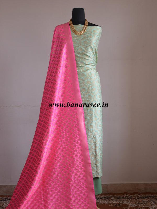 Banarasee Salwar Kameez Semi Silk Zari Jaal Work Fabric & Neon Pink Dupatta-Pastel Green