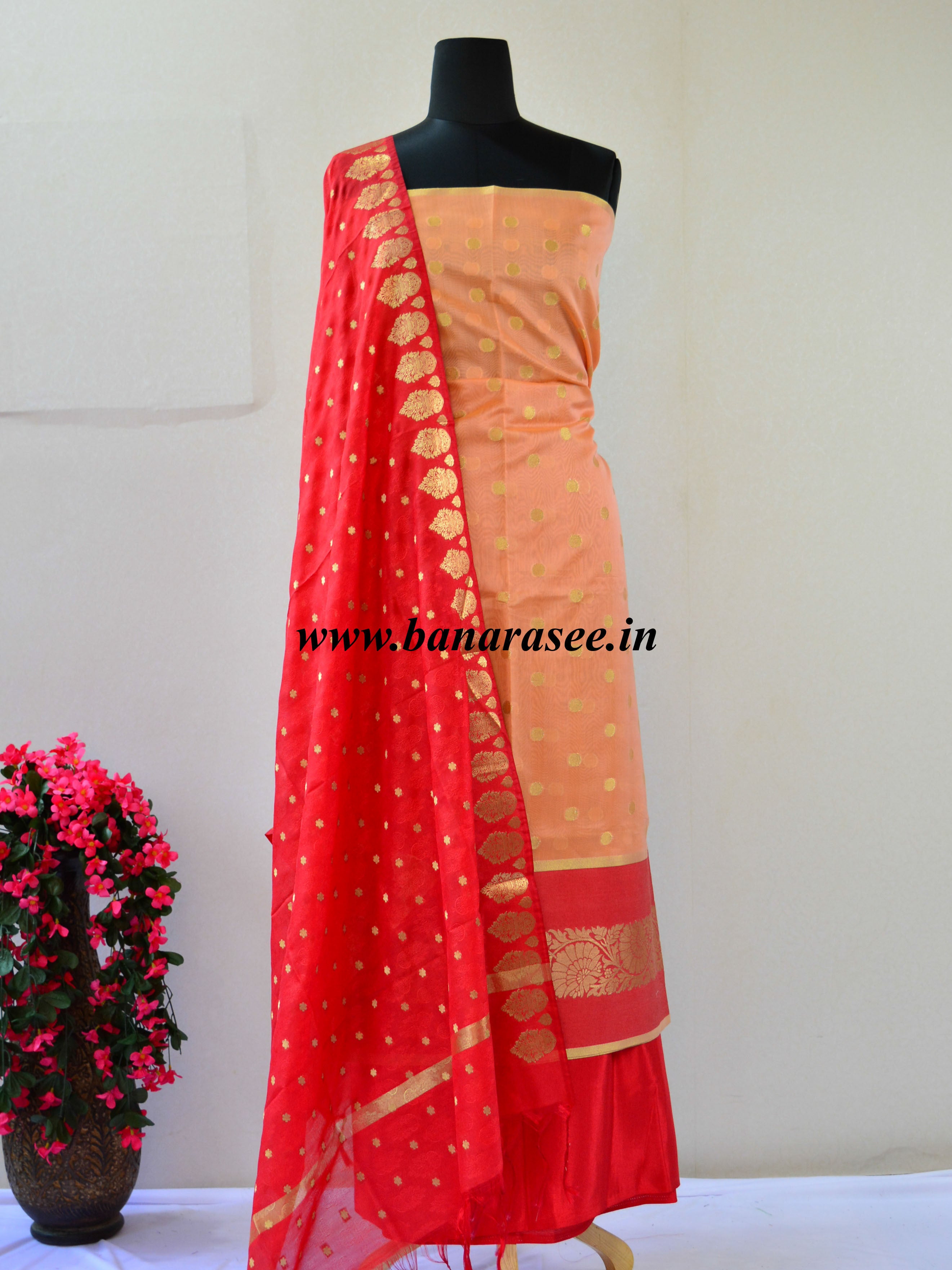 Banarasee Chanderi Cotton Salwar Kameez Fabric With Contrast Red Art Silk Dupatta-Peach
