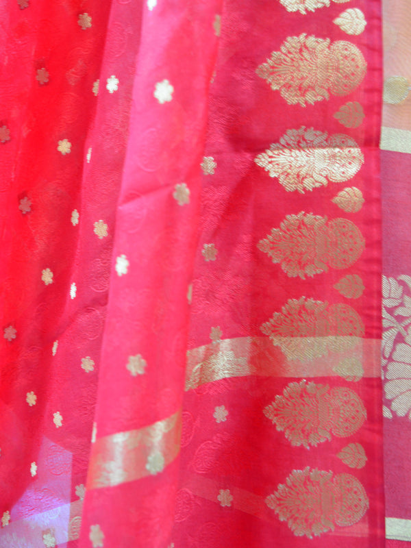 Banarasee Chanderi Cotton Salwar Kameez Fabric With Contrast Red Art Silk Dupatta-Peach