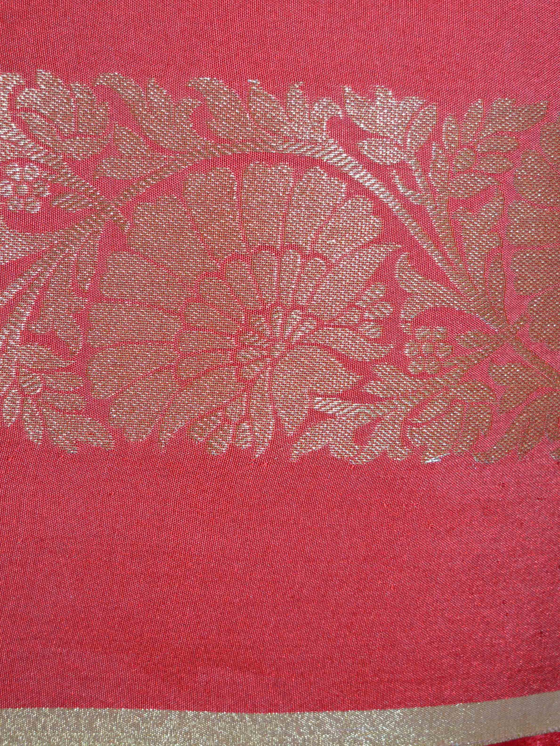 Banarasee Chanderi Cotton Salwar Kameez Fabric With Contrast Red Art Silk Dupatta-Peach