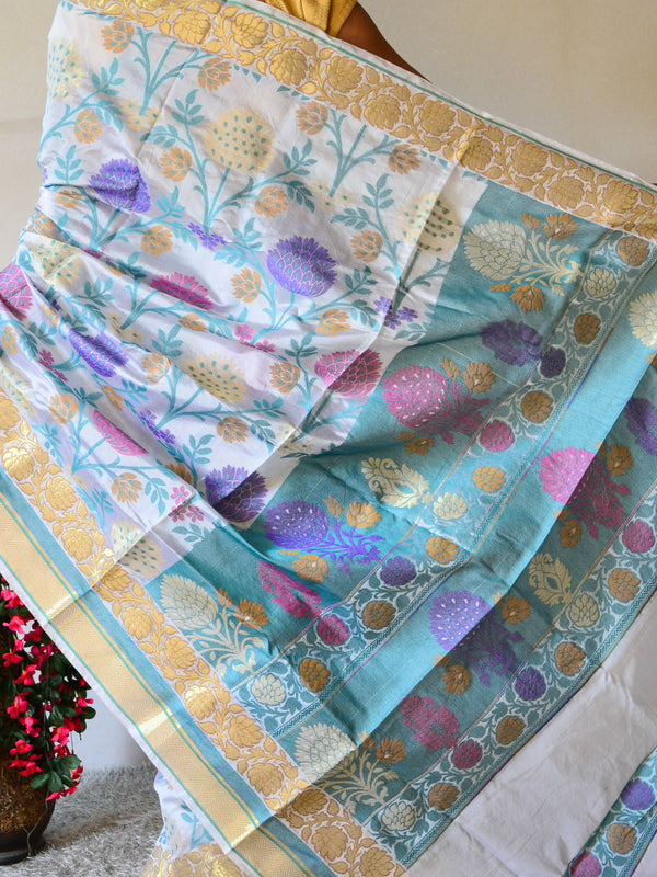 Banarasee Pure Dupion Silk Sari With Resham Work-Off White
