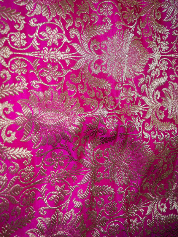 Banarasee Satin Brocade Antique Gold Zari Jaal Fabric-Hot Pink