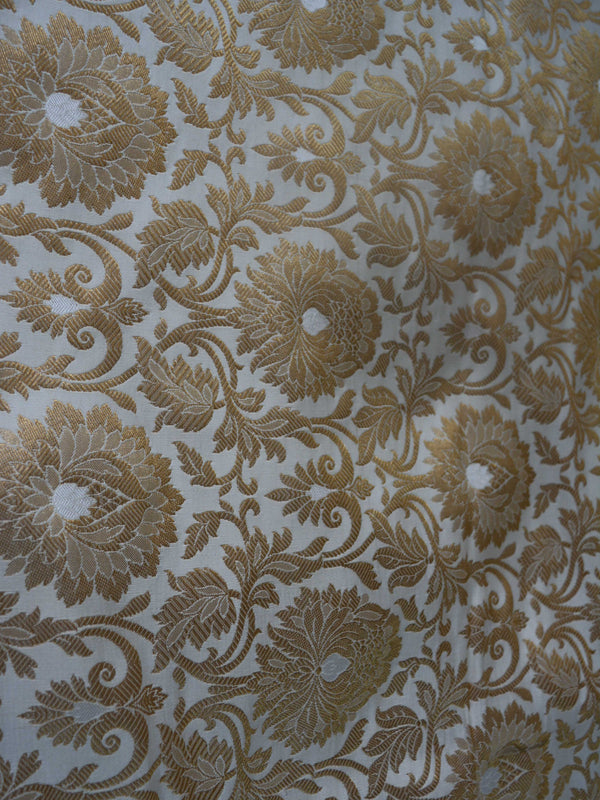 Banarasee Satin Brocade Antique Gold Zari Jaal Fabric-Off White