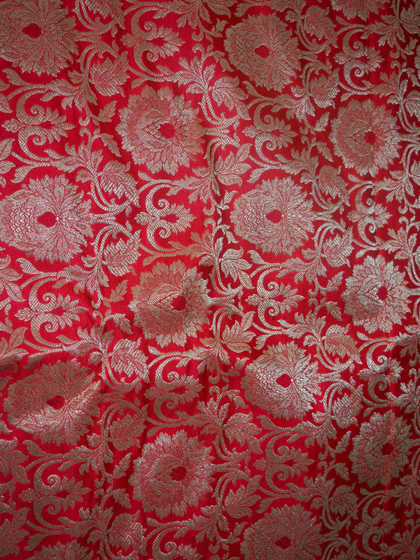 Banarasee Satin Brocade Antique Gold Zari Jaal Fabric-Red