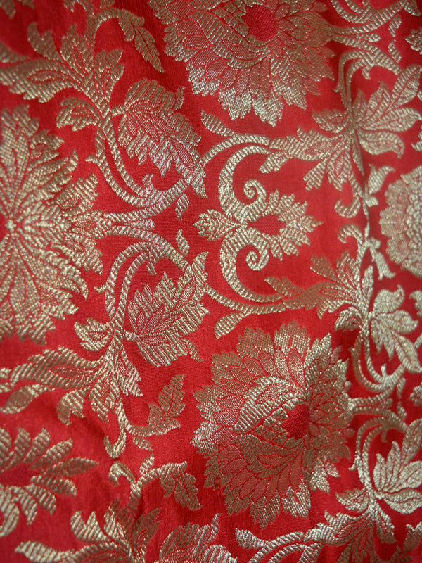 Banarasee Satin Brocade Antique Gold Zari Jaal Fabric-Red
