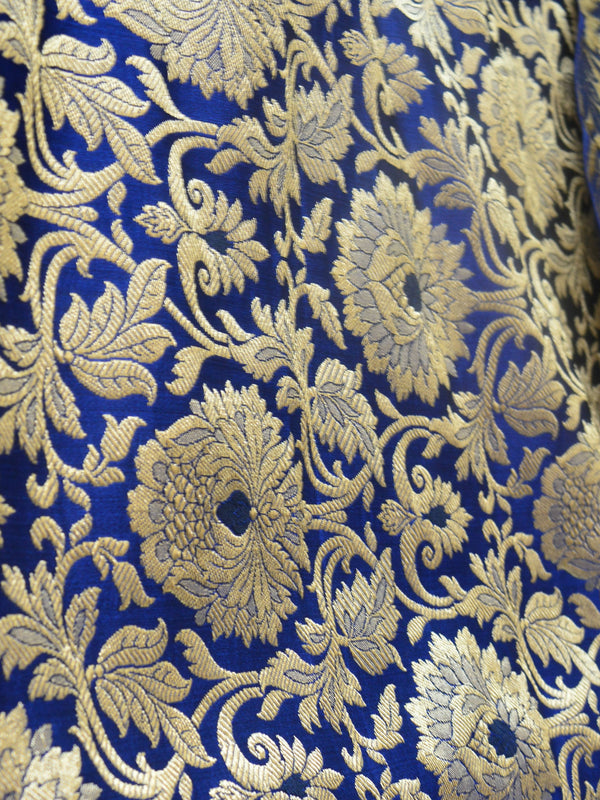 Banarasee Satin Brocade Antique Gold Zari Jaal Fabric-Deep Blue