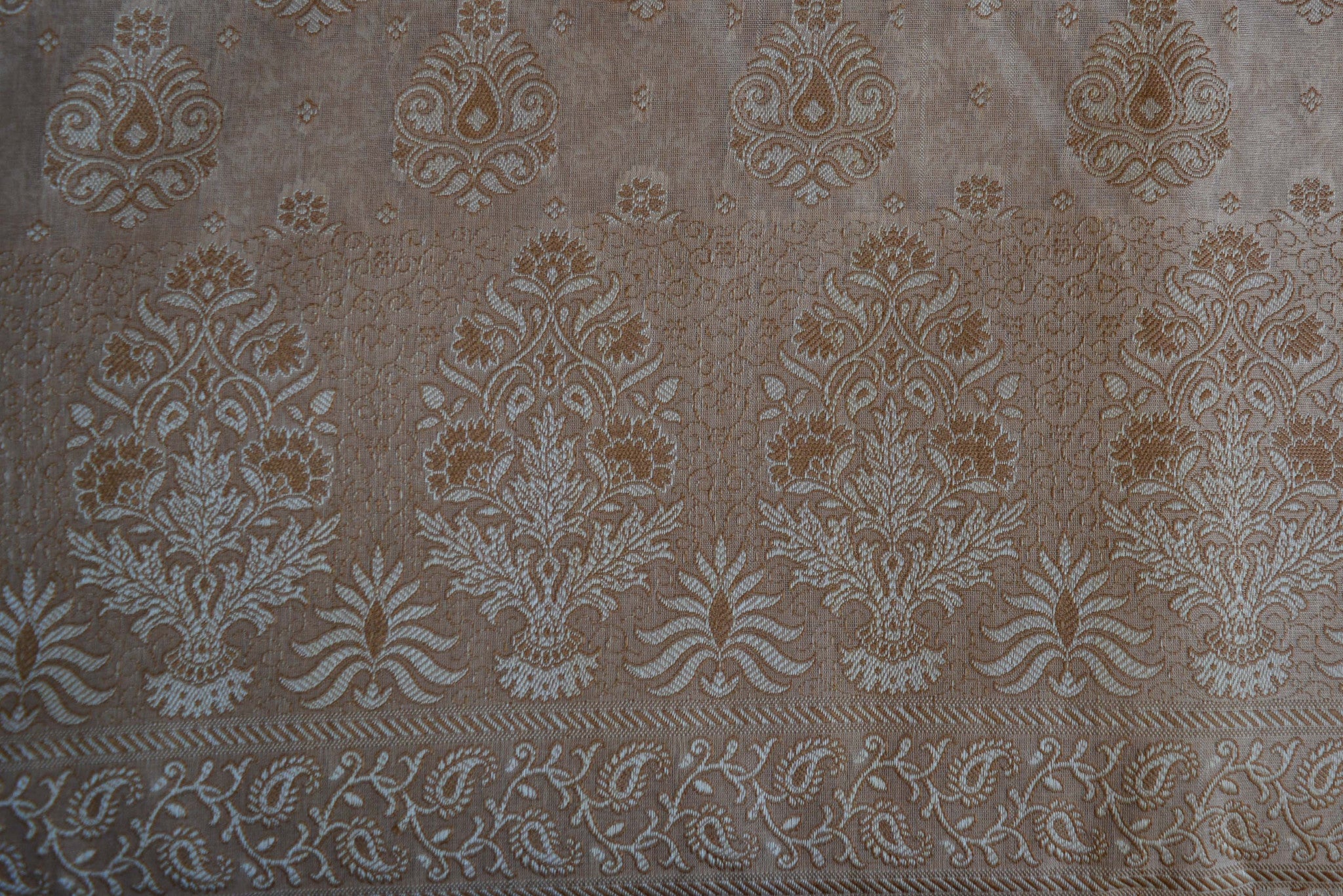 Banarasee/Banarasi Salwar Kameez Cotton Silk Resham Woven With Buti Design Fabric-Beige