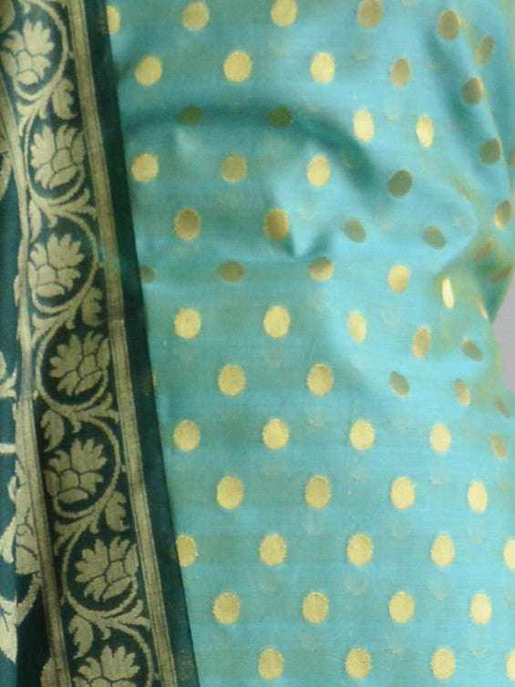 Banarasee Chanderi Cotton Salwar Kameez Zari Polka Dot Buti Design Fabric & Green Jaal Dupatta-Blue