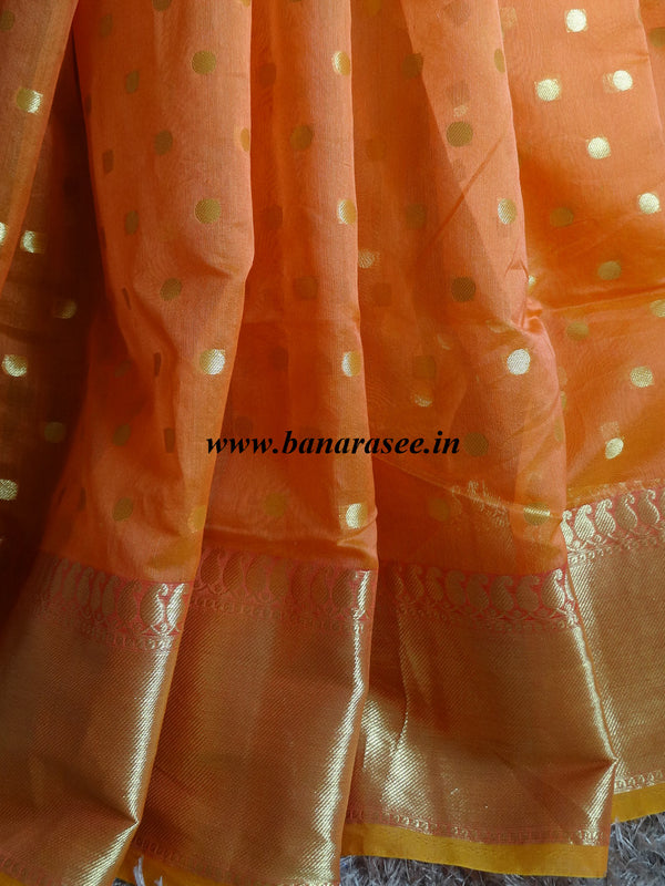 Banarasee Chanderi Cotton Zari Polka Dots With Skirt Border - Orange