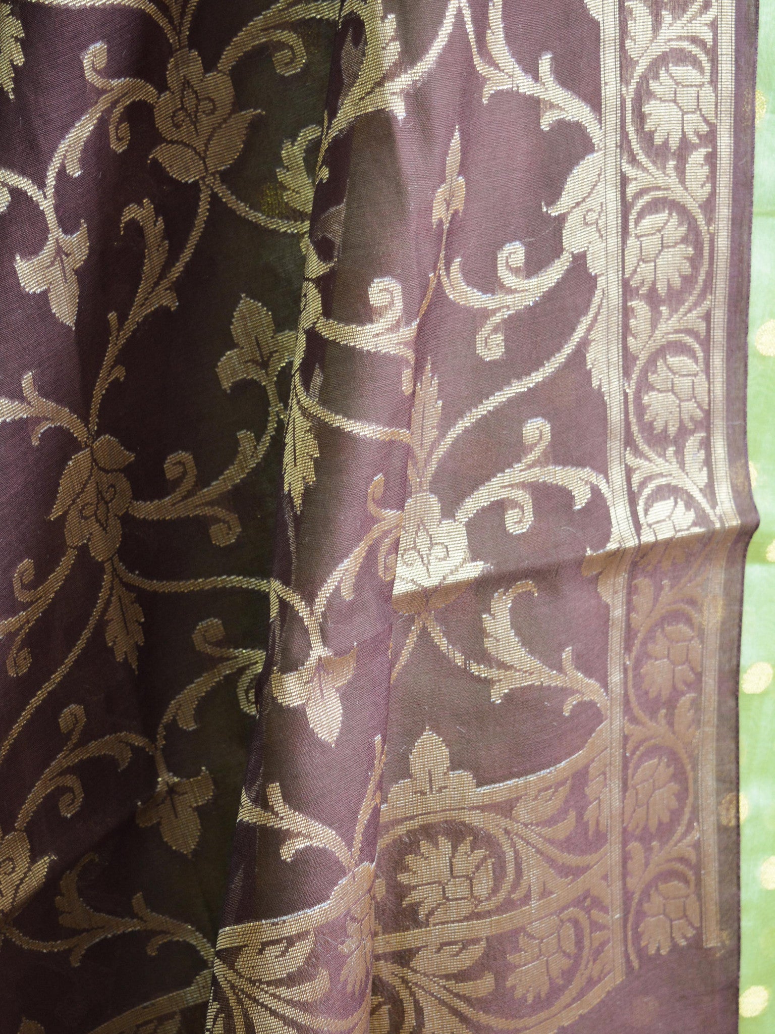 Banarasee Chanderi Cotton Salwar Kameez Zari Polka Dot Buti Design Fabric & Brown Jaal Dupatta-Green