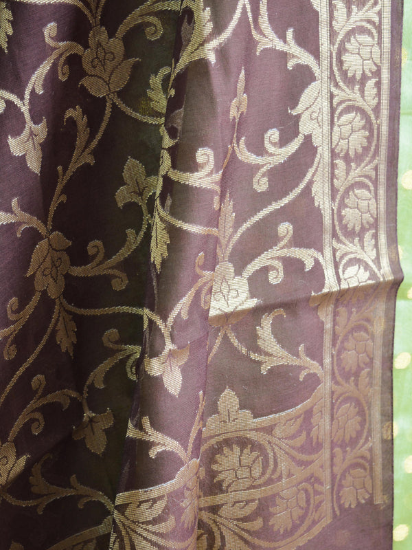 Banarasee Chanderi Cotton Salwar Kameez Zari Polka Dot Buti Design Fabric & Brown Jaal Dupatta-Green