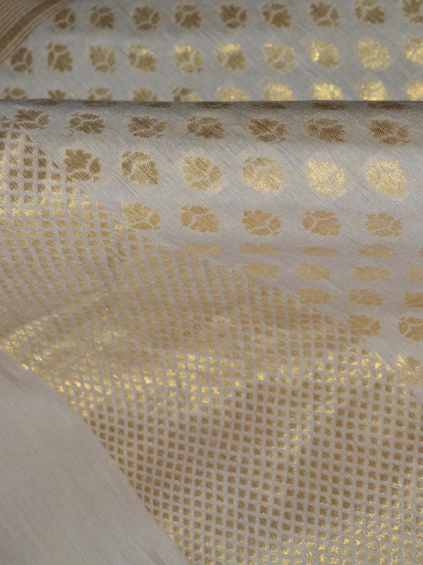 Banarasee Handloom Pure Muga Silk Zari Woven Buti Dupatta-Off White