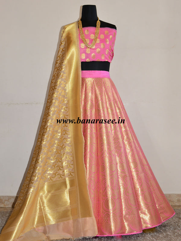 Banarasee/Banarasi Handwoven Art Silk Unstitched Lehenga & Blouse Fabric-Pink