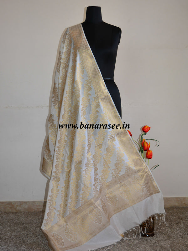 Banarasee Handloom Pure Silk Zari Woven Jaal Dupatta-Off White