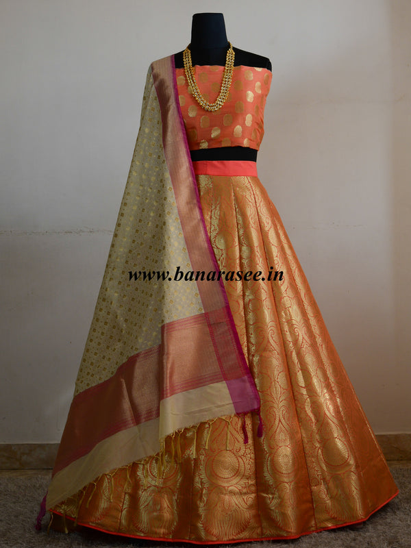 Banarasee/Banarasi Handwoven Art Silk Unstitched Lehenga & Blouse Fabric-Peach
