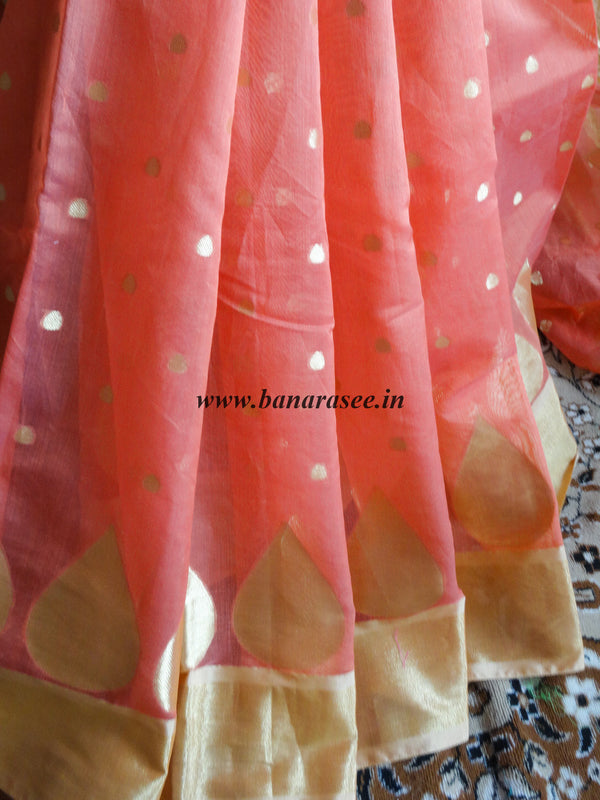 Banarasee Chanderi Cotton Gold Buti Saree-Peach