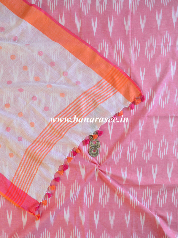 Bhagalpuri Pure Ikkat Kameez With White Linen Dupatta-Pink