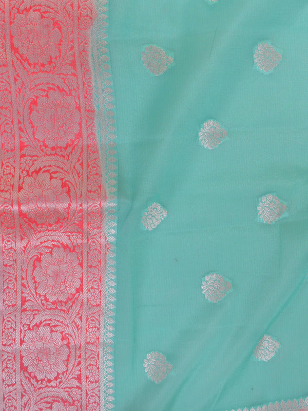 Banarasee Pure Chiffon Sari Silver Buti & Coral Border-Sea Green