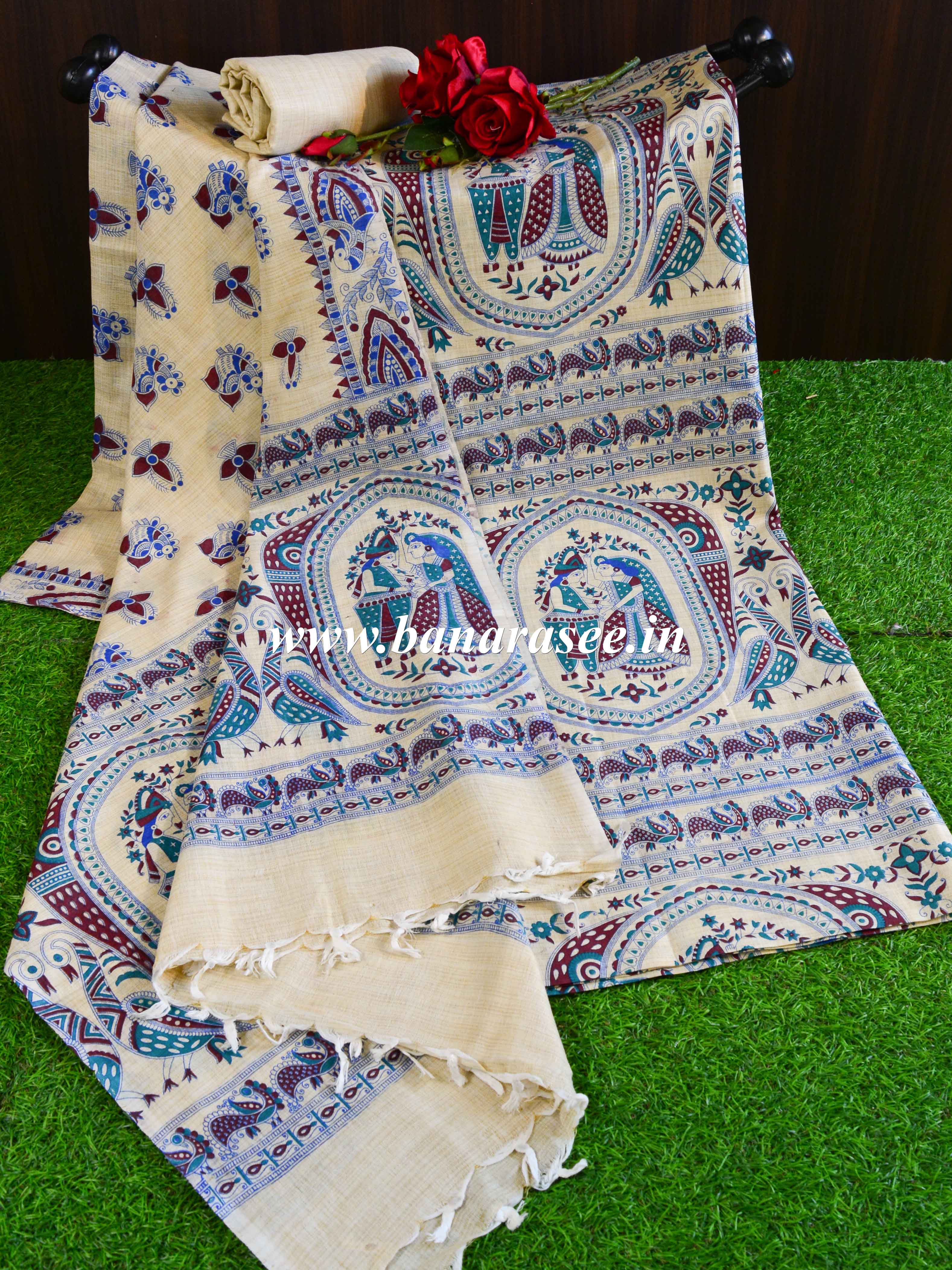 Handloom Khadi Cotton Salwar Kameez With Madhubani Print Dupatta-Beige