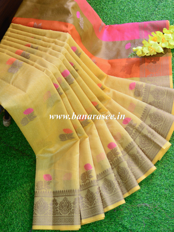 Banarasee Chanderi Cotton Saree With Resham Buti & Border-Beige