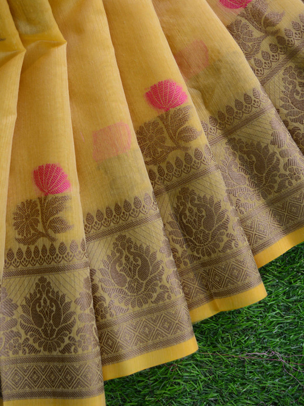 Banarasee Chanderi Cotton Saree With Resham Buti & Border-Beige