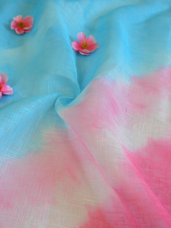 Banarasee Handloom Pure Linen Shibori Dye Silver Border Saree-Pink & Blue