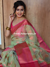 Banarasee Organza Mix Saree With Drop Buta Design & Broad Border-Green