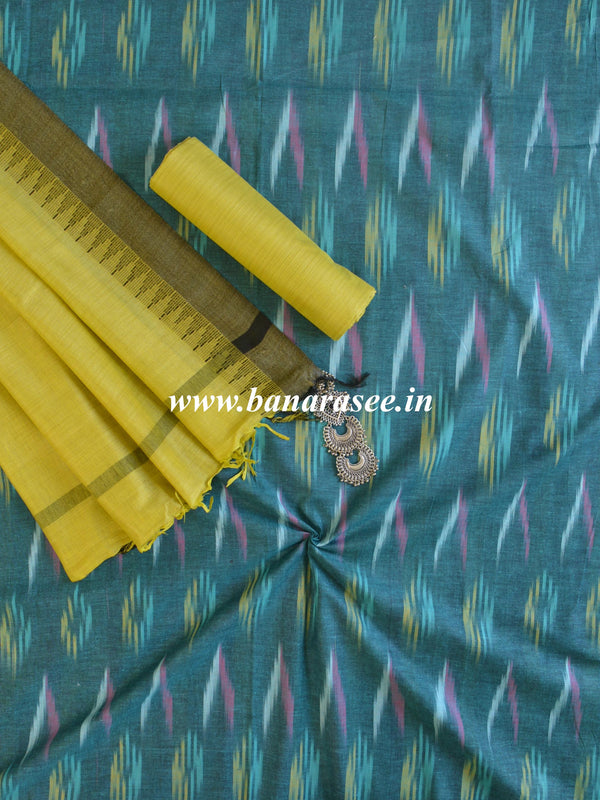 Bhagalpuri Pure Ikkat Salwar Kameez Set With Yellow Linen Dupatta-Teal Green