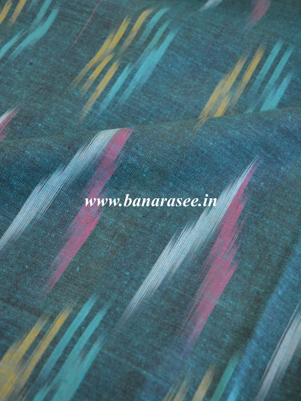 Bhagalpuri Pure Ikkat Salwar Kameez Set With Yellow Linen Dupatta-Teal Green