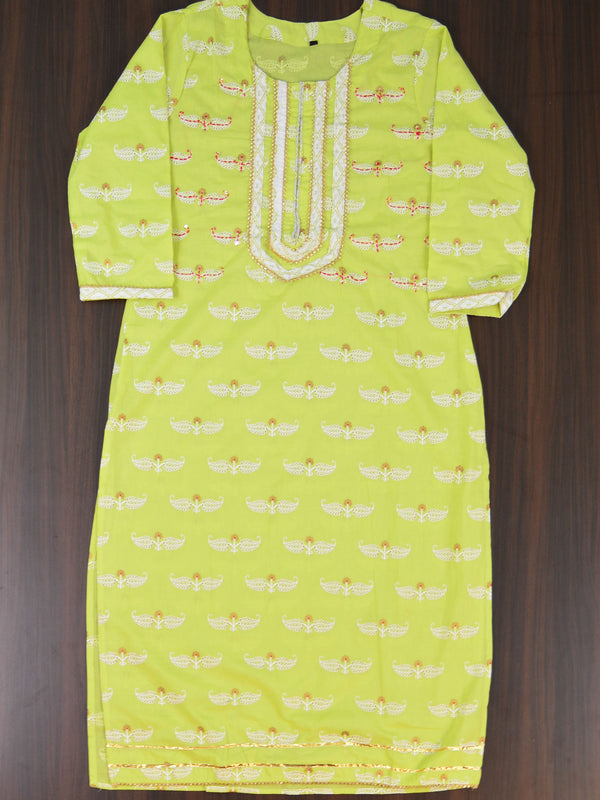 Handblock Printed Kurta & Pant Set With GotaPatti Work-Lime Green