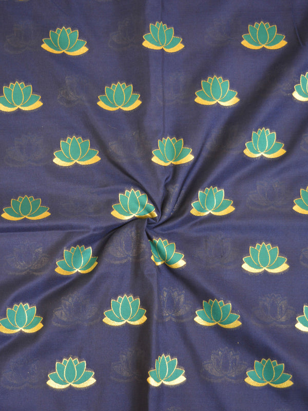 Banarasee Semi Katan Silk Lotus Buti Design Fabric-Deep Blue
